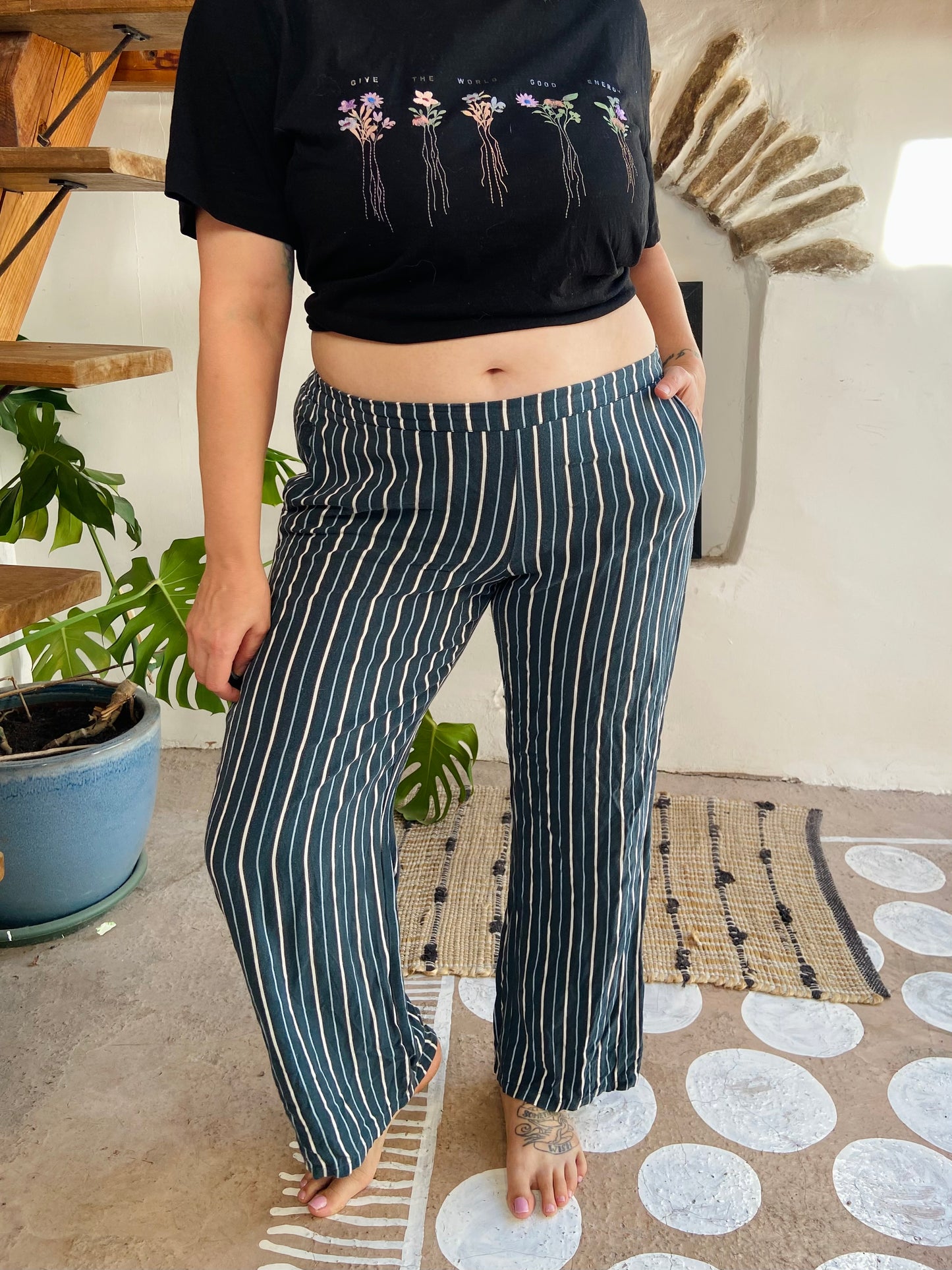 VINTAGE 90’s Blue Stripe Wide Leg Loose Trousers - M/L