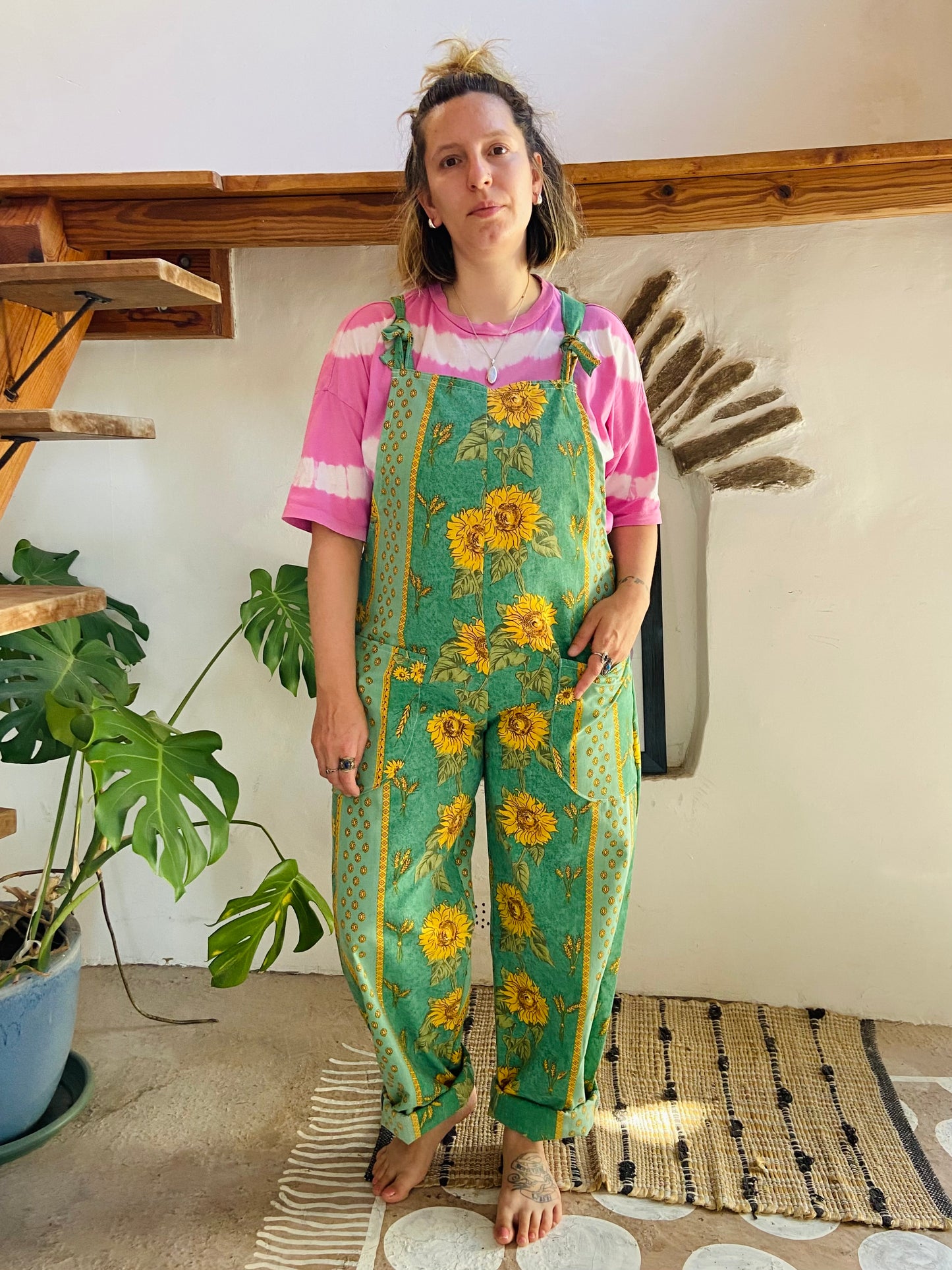 DESERT FOX Green Sunflower Provencal Print Long Length Dungarees - M/L