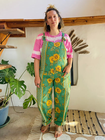 DESERT FOX Green Sunflower Provencal Print Long Length Dungarees - M/L