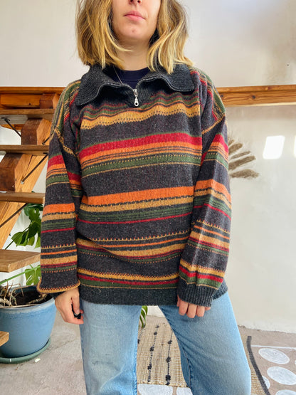 VINTAGE 90’s Multicolour Grey Stripe Oversized Jumper - L