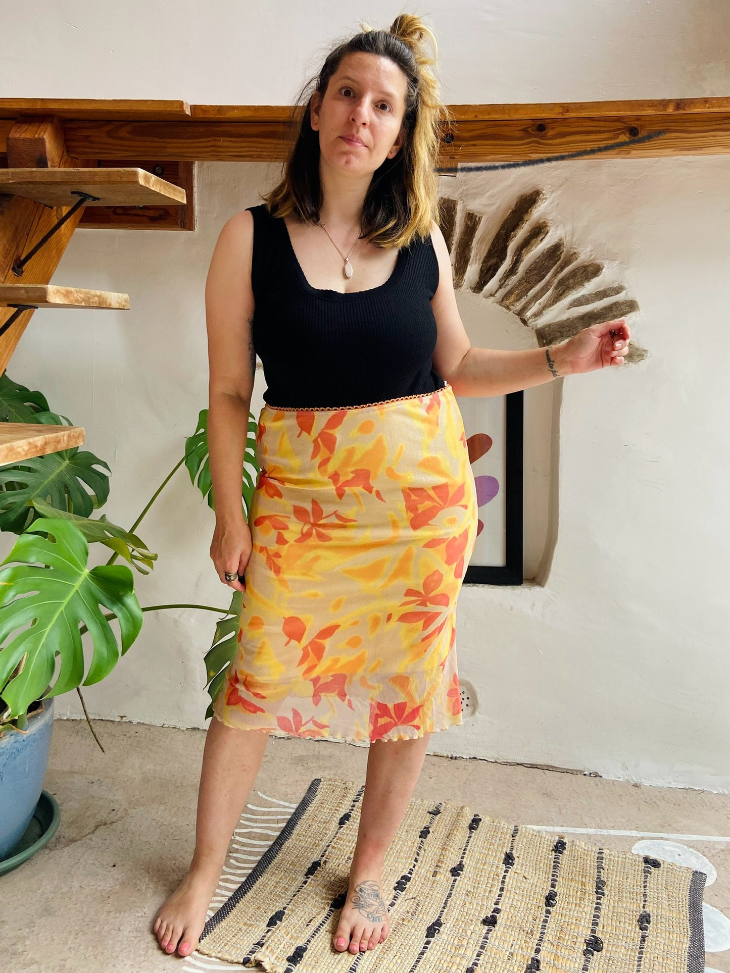 VINTAGE 90's Orange & Yellow Tube Midi Skirt - M