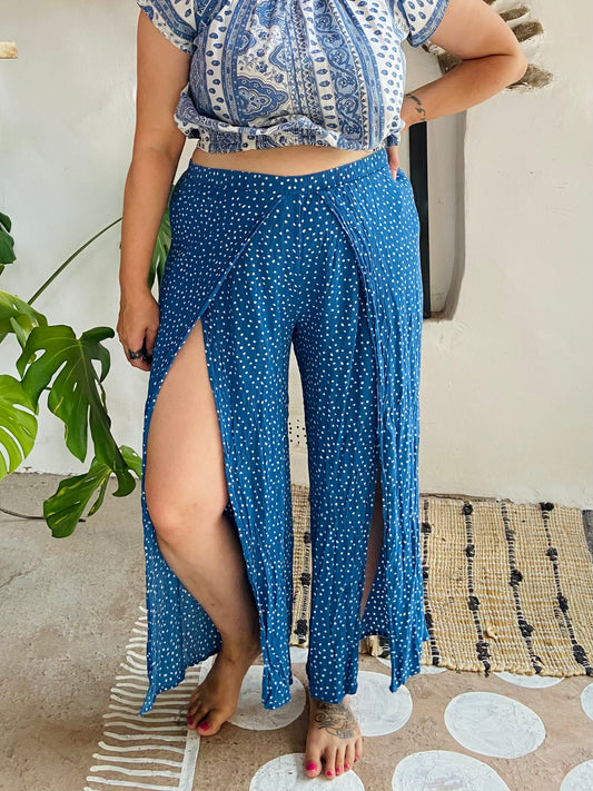 VINTAGE Blue Polkadot Slit Front Wide Leg Trousers - M