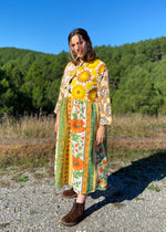 DESERT FOX Dahlia Midi Dress - 70's Orange Florals Tie Front - S/M