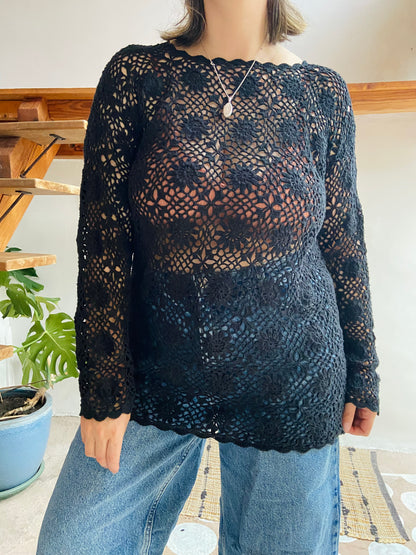 VINTAGE 90’s Black Crochet Long Sleeve Jumper Top - M/L