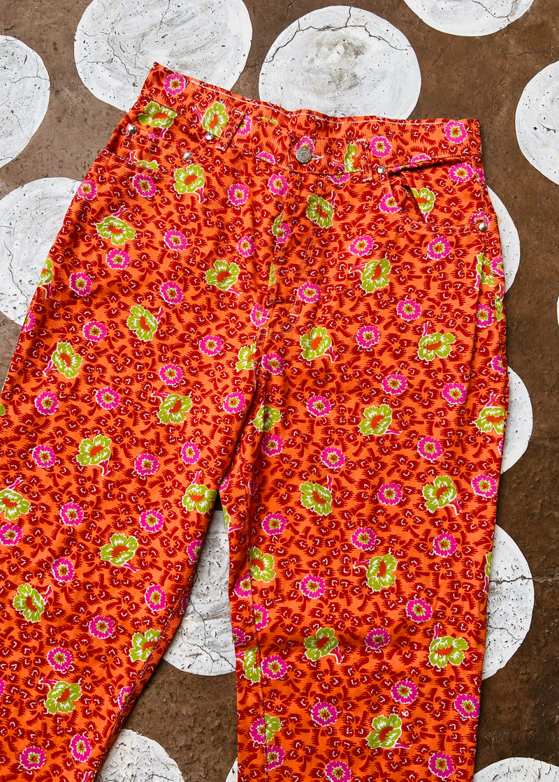 VINTAGE 90's Orange Floral High Waisted Cotton Trousers - S