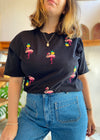 VINTAGE 90’s Black Flamingo Embroidered Black Tee T-Shirt - M/L