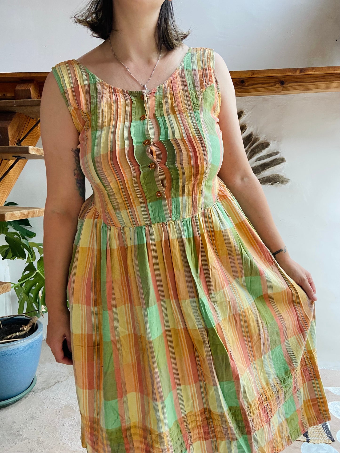 VINTAGE 90's Pastel Checked Midi Dress - M/L