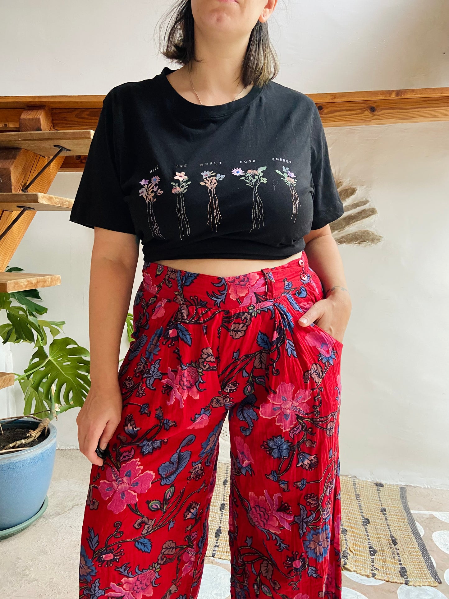 VINTAGE 90's Wide Leg Floral Red Trousers - M/L