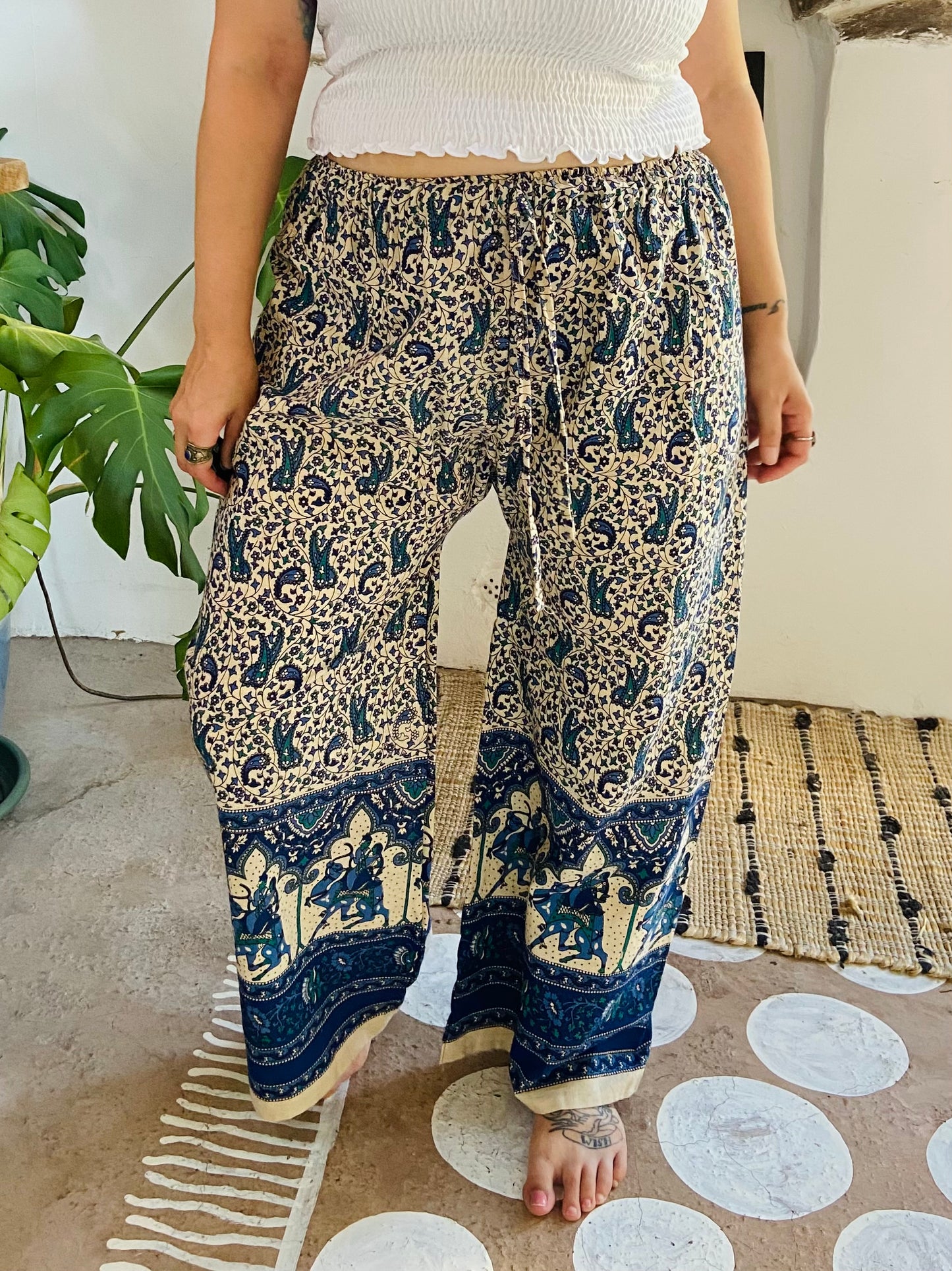 VINTAGE 90's Blue Indian Elephant Bohemian Wide Leg Trousers - M/L