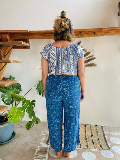 VINTAGE Blue Polkadot Slit Front Wide Leg Trousers - M