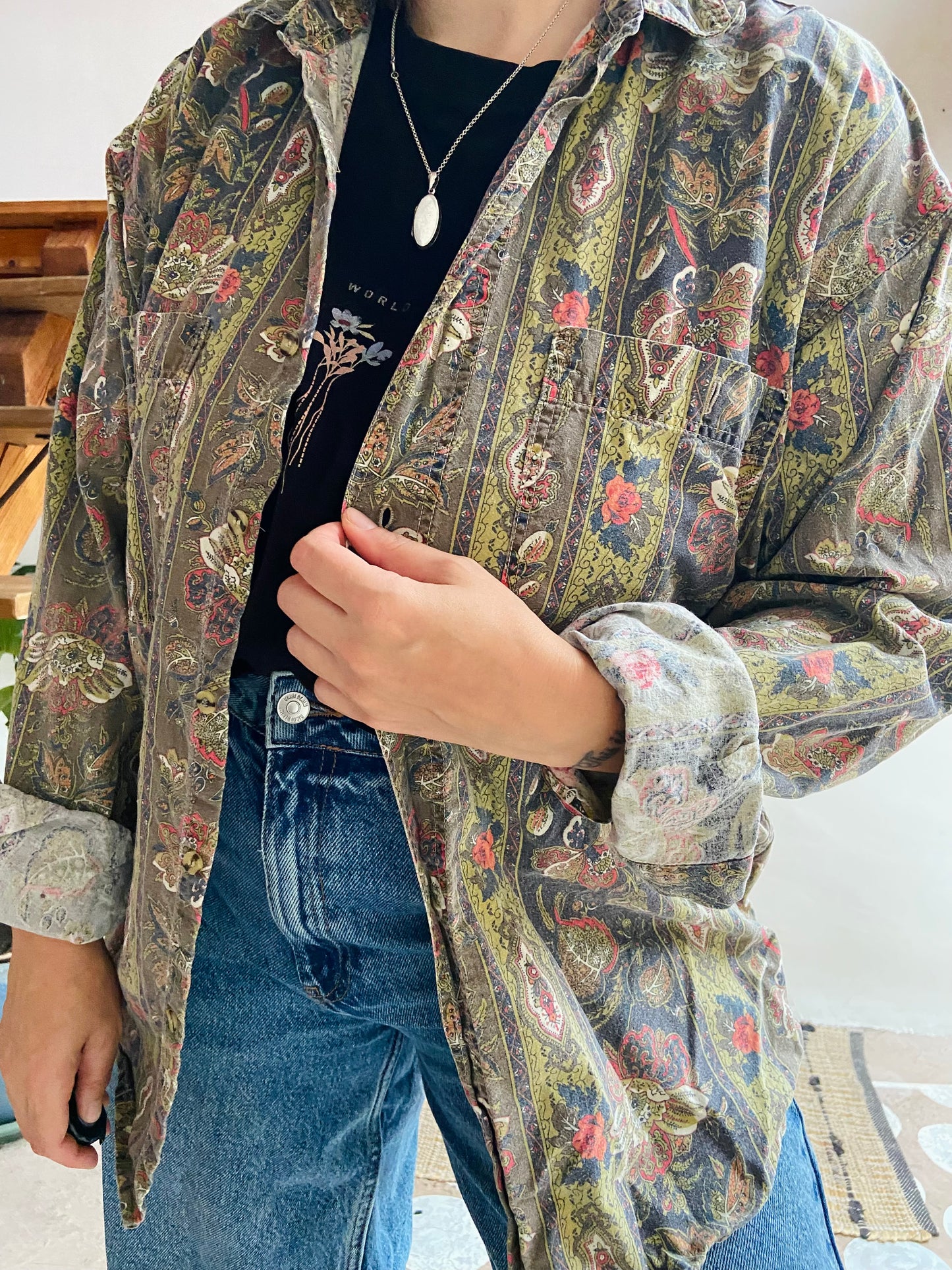 VINTAGE Provencal Bohemian Pattern Long Sleeve Shirt - M/L