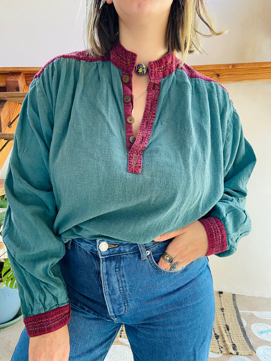 VINTAGE 90's Hippie Embroidered Green Long Sleeve Tunic Top - M/L