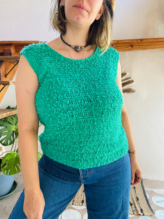 VINTAGE 80's Green Knitted Sleeveless Top - M/L