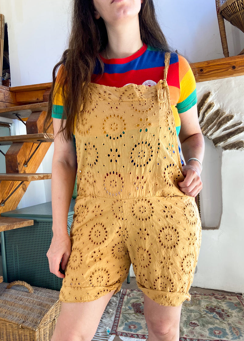 VINTAGE Embroidered Mustard Dungaree Playsuit - S/M
