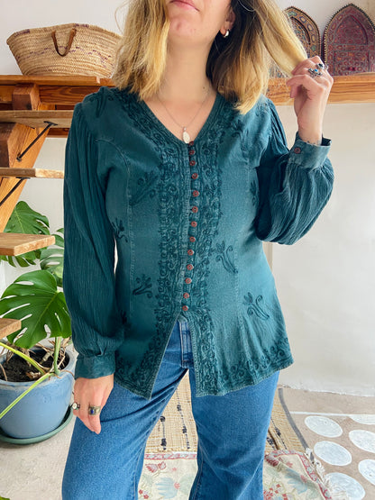 VINTAGE 90’s Emerald Embroidered Long Sleeve Bohemian Tunic Top - S/M