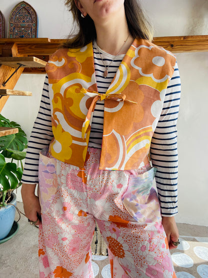 DESERT FOX Red Floral & 70's Orange Reversible Waistcoat - M/L