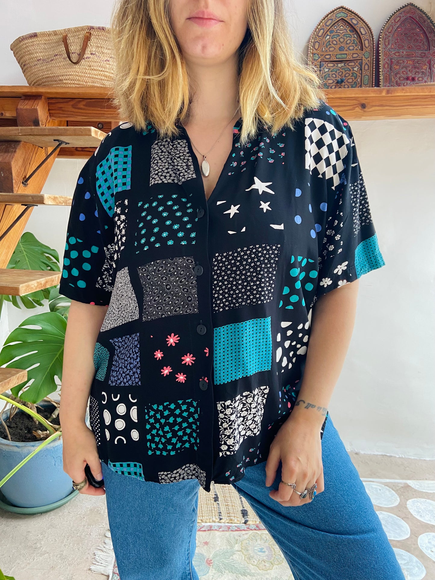 VINTAGE 80’s Patchwork Style Short Sleeve Shirt - M/L