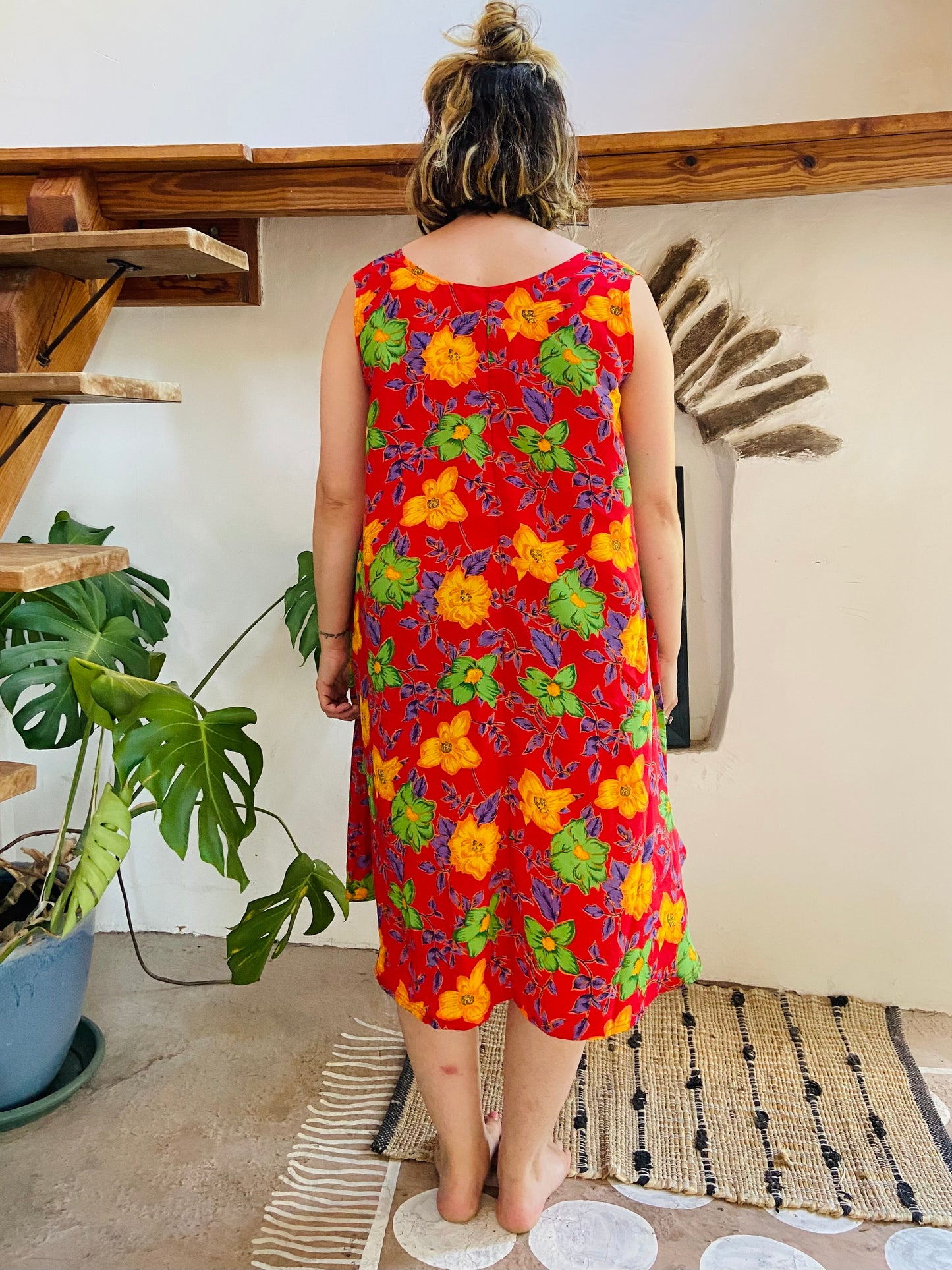 VINTAGE 90's Red Floral Loose Dress - M/L