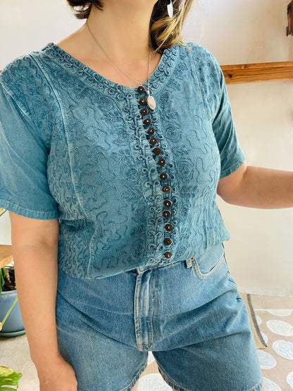 VINTAGE 90’s Blue Embroidered Hippie Short Sleeve Top - S