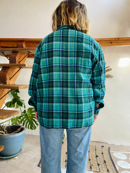 VINTAGE 90’s Flannel Checked Blue & Green Long Sleeve Shirt - L