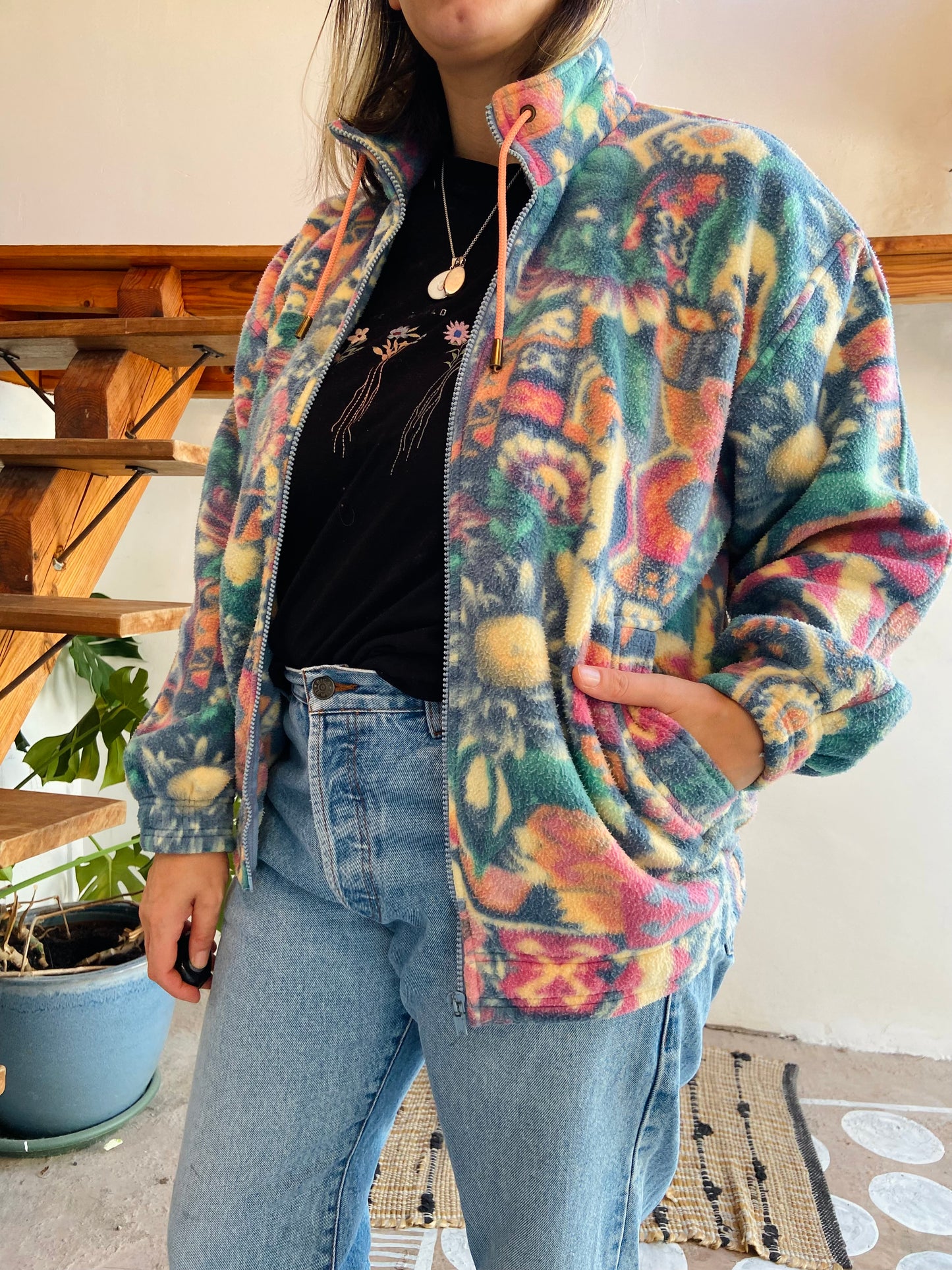 VINTAGE 90's Pastel Floral Zip Up Fleece - S/M