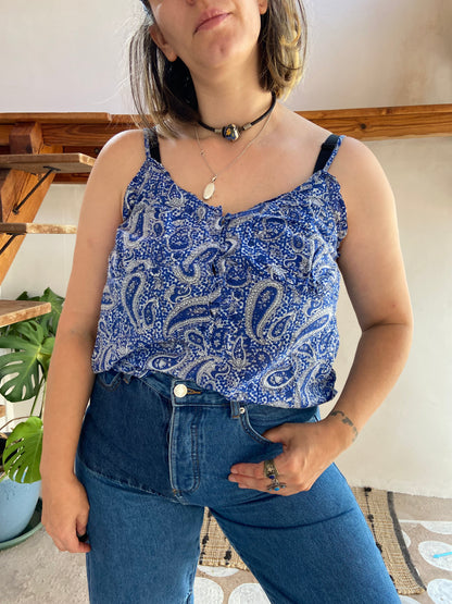 VINTAGE 90's Blue Paisley Bohemian Strappy Cami Top - S/M