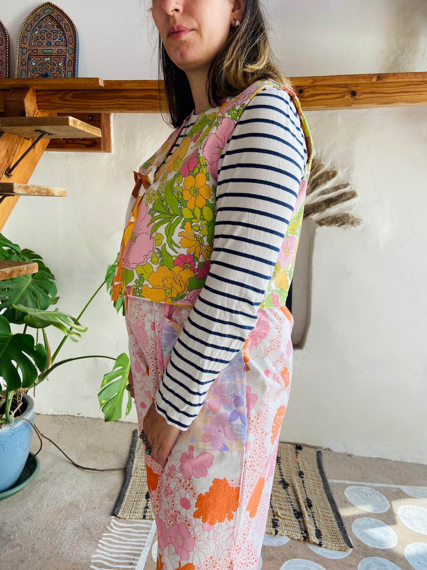 DESERT FOX 70's Orange & Pink Floral Reversible Waistcoat - S/M