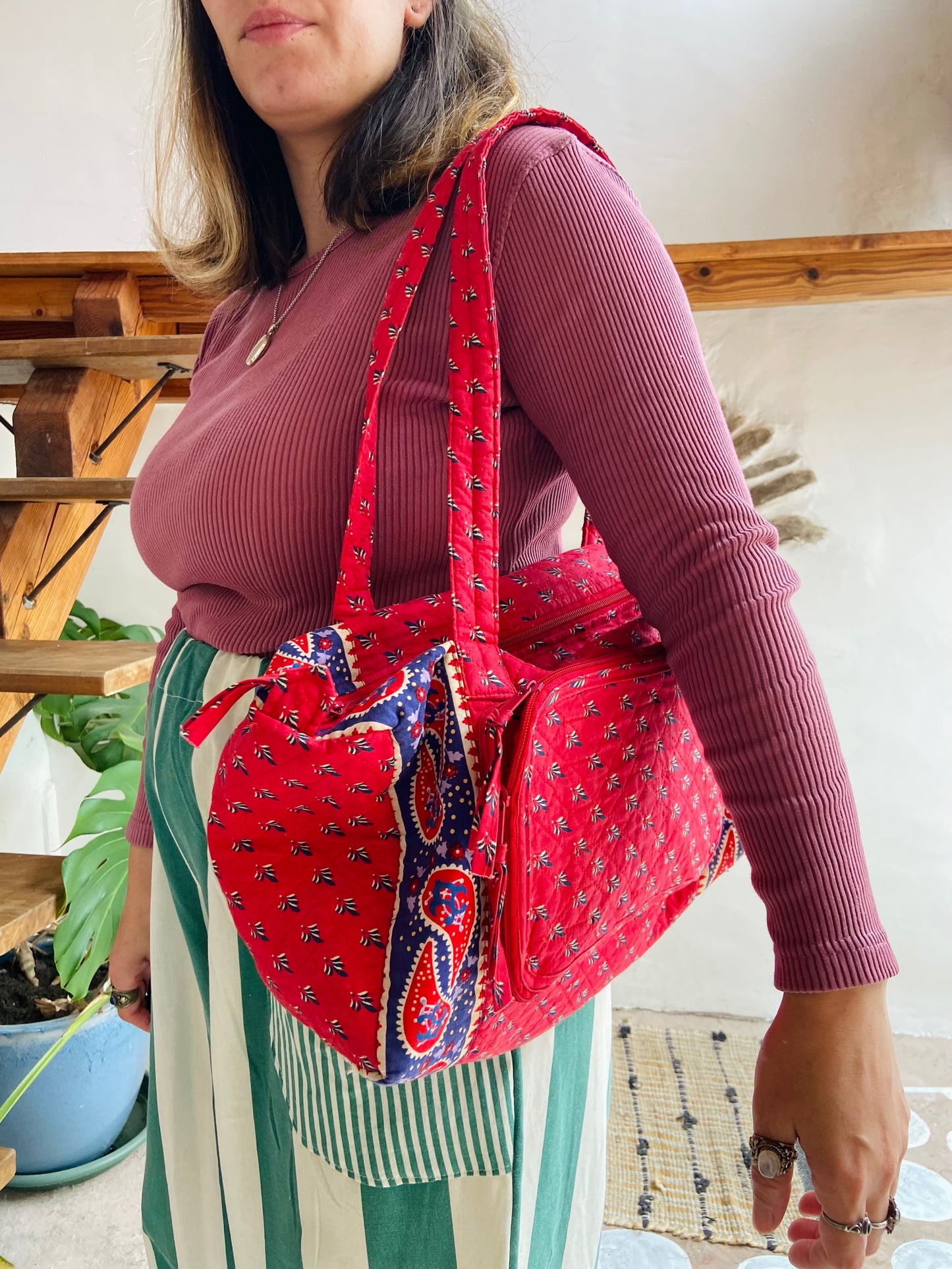 VINTAGE Red Provencal Pattern Shoulder Bag - ONE SIZE