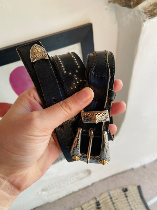 VINTAGE 90's Black Leather Western Silver Buckle Belt - ONE SIZE