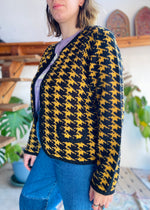 VINTAGE 80's Houndstooth Mustard Yellow Knit Cardigan - M/L