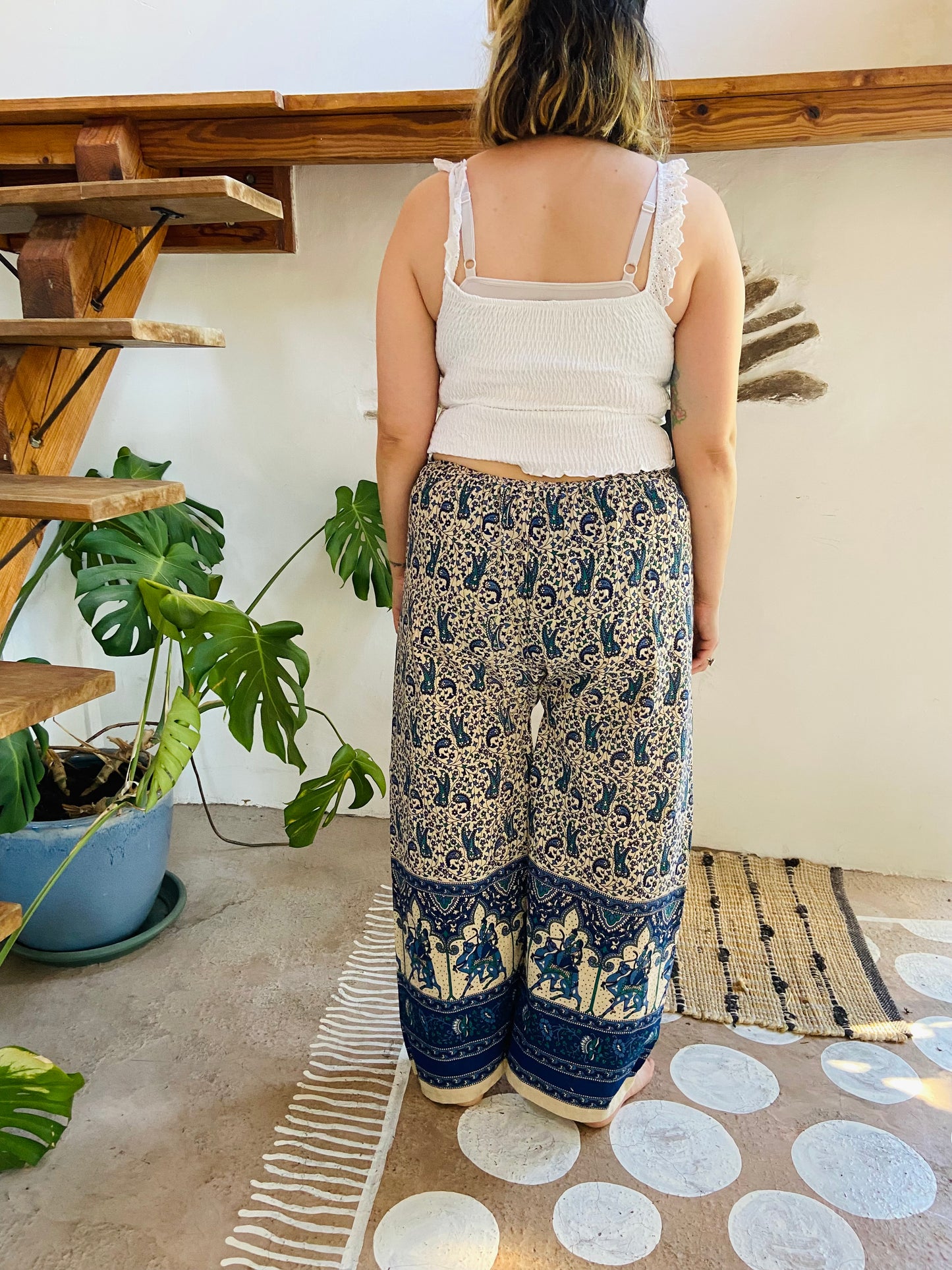 VINTAGE 90's Blue Indian Elephant Bohemian Wide Leg Trousers - M/L