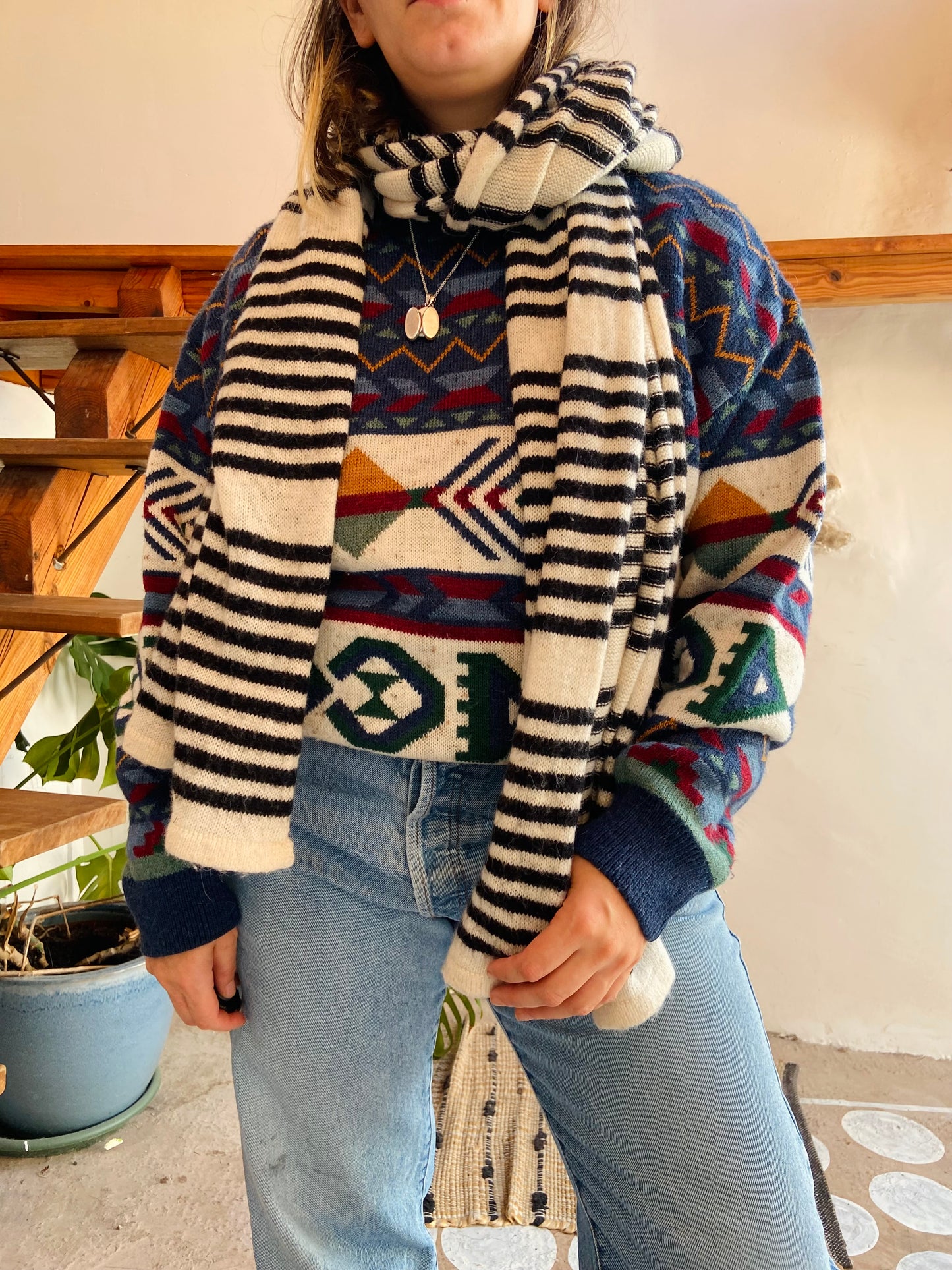 VINTAGE Black & White Stripe Long Scarf - ONE SIZE