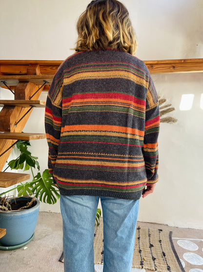 VINTAGE 90’s Multicolour Grey Stripe Oversized Jumper - L