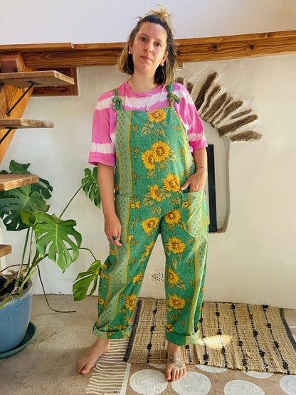 DESERT FOX Green Sunflower Provencal Print Long Length Dungarees - M/L