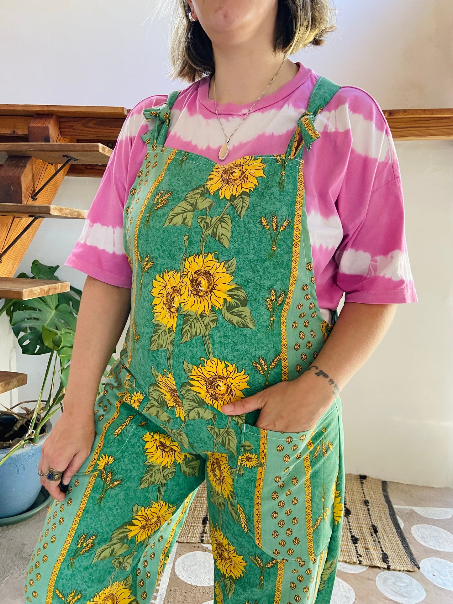 DESERT FOX Green Sunflower Provencal Print Long Length Dungarees - M/L