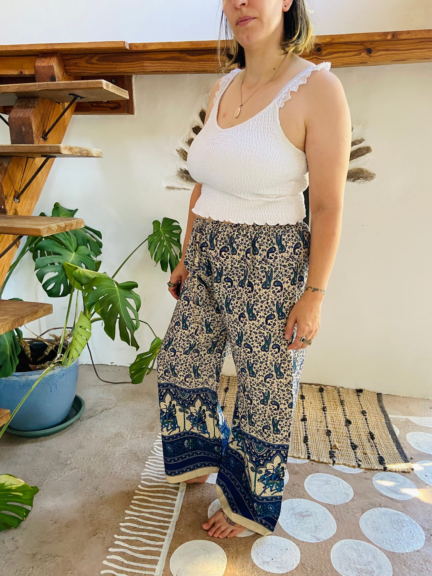 VINTAGE 90's Blue Indian Elephant Bohemian Wide Leg Trousers - M/L