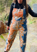 DESERT FOX 70's Blue & Orange Floral Long Length Dungarees Jumpsuit - UK SIZES 6-24