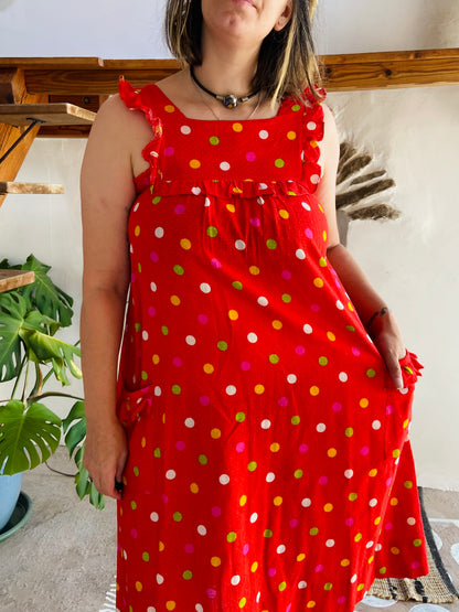 VINTAGE 80's Red Polkadot Midi Dress - M