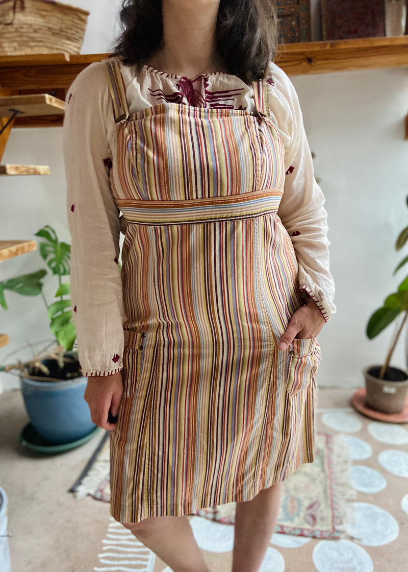 VINTAGE 90's Rainbow Stripe Dungaree Dress - M