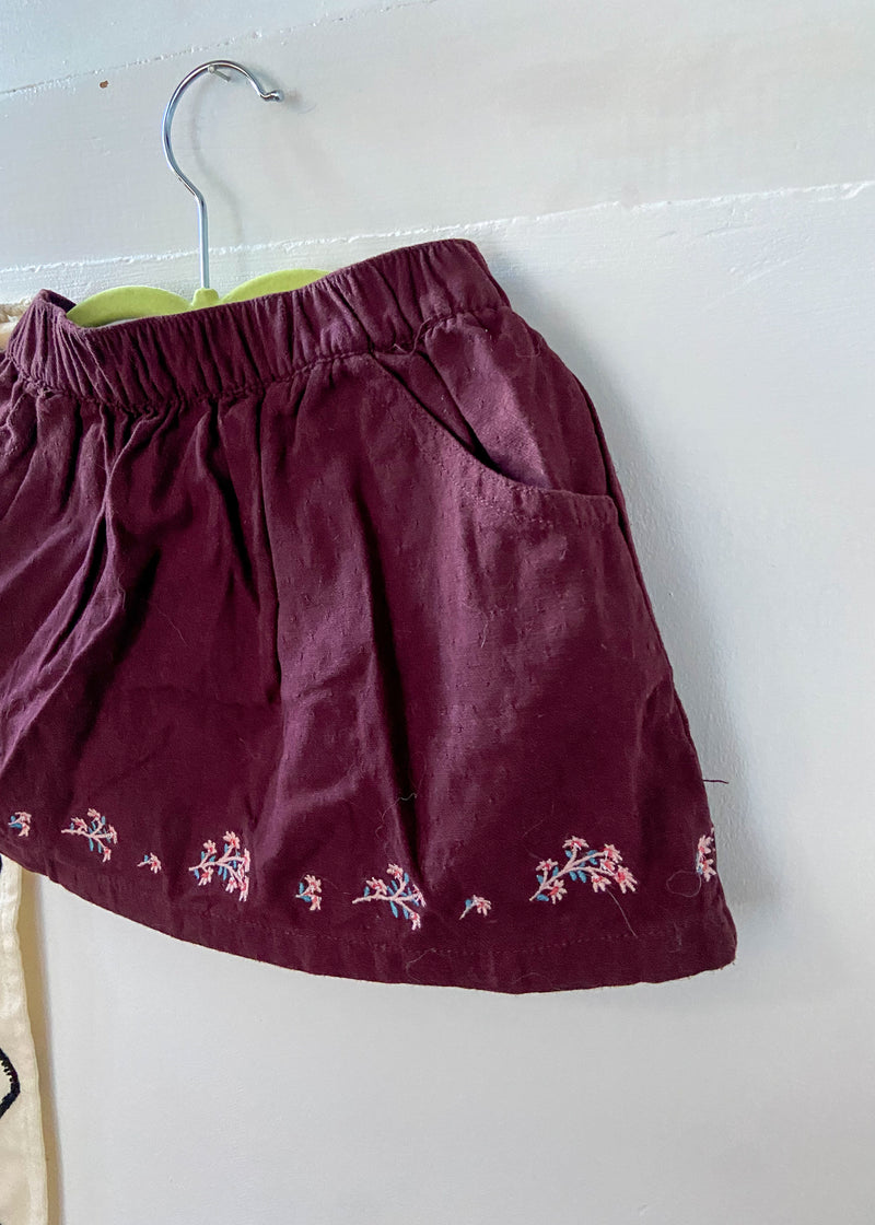 VINTAGE KIDS Floral Embroidered Burgundy Skirt - 2 Years