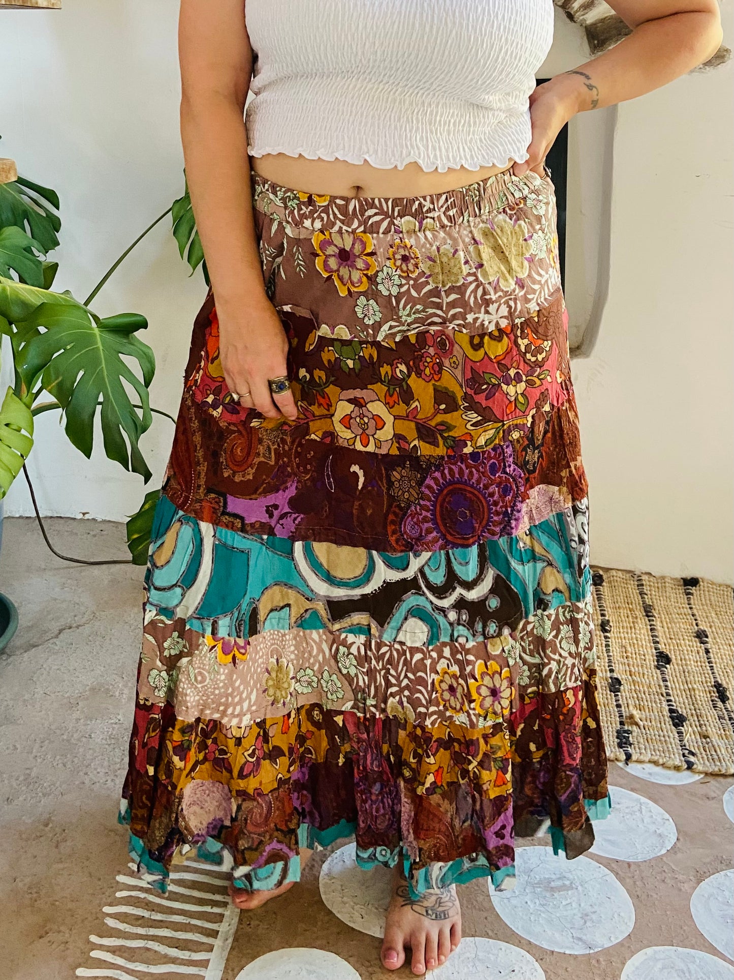 VINTAGE 90's Bohemian Patchwork Ruffle Maxi Skirt - L