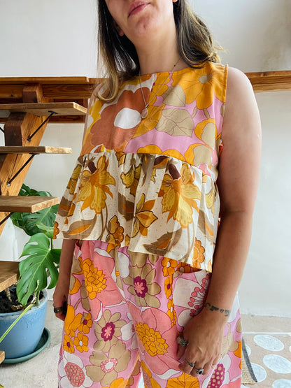 DESERT FOX Penelope Patchwork 70's Floral Print Side Tie Top - M/L