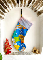 DESERT FOX Handmade Vintage Fabric Christmas Stocking - Children’s Bear Snowfall