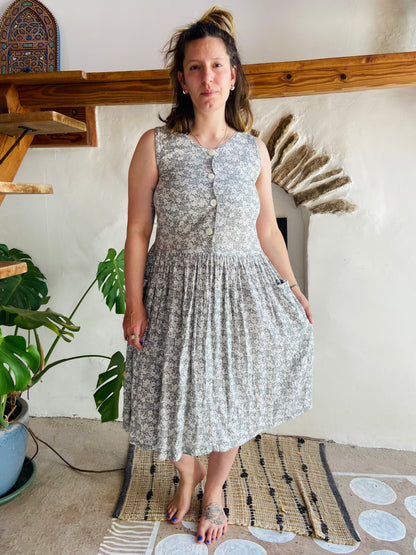 VINTAGE 90's Grey Floral Midi Dress - S/M