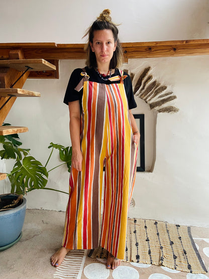 DESERT FOX Orange & Brown Stripe Wide Leg Dungarees - M/L
