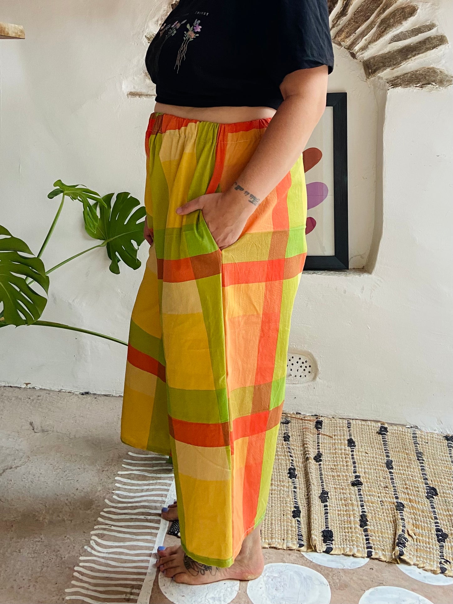 DESERT FOX Orange Checked Stripe Wide Leg Trousers - S/M