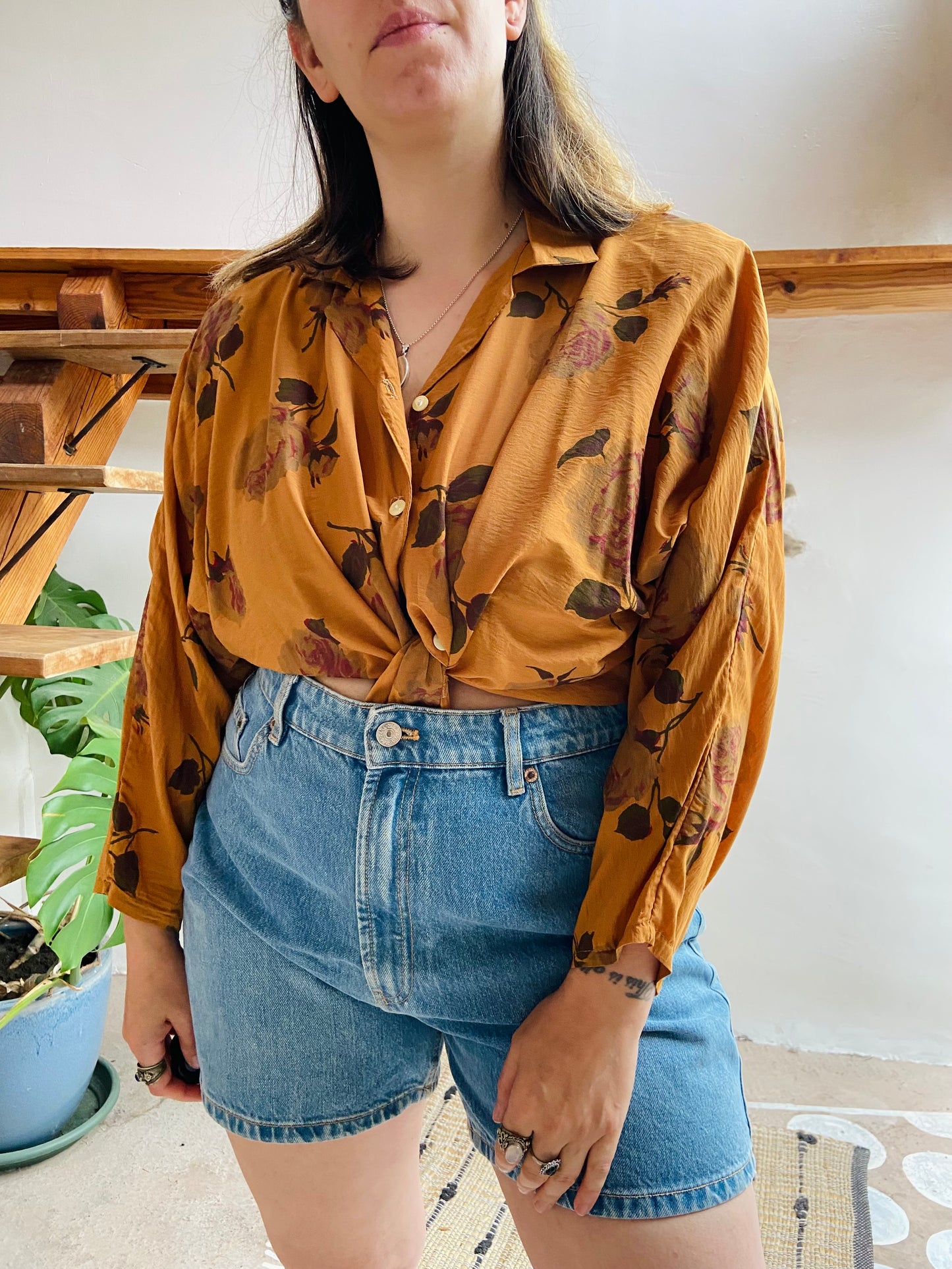 VINTAGE 80's Mustard Floral Long Sleeve Shirt - M/L