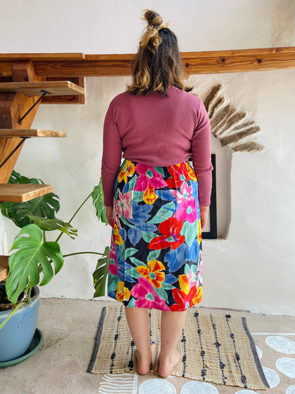 VINTAGE 90's Bright Floral Midi Skirt - M