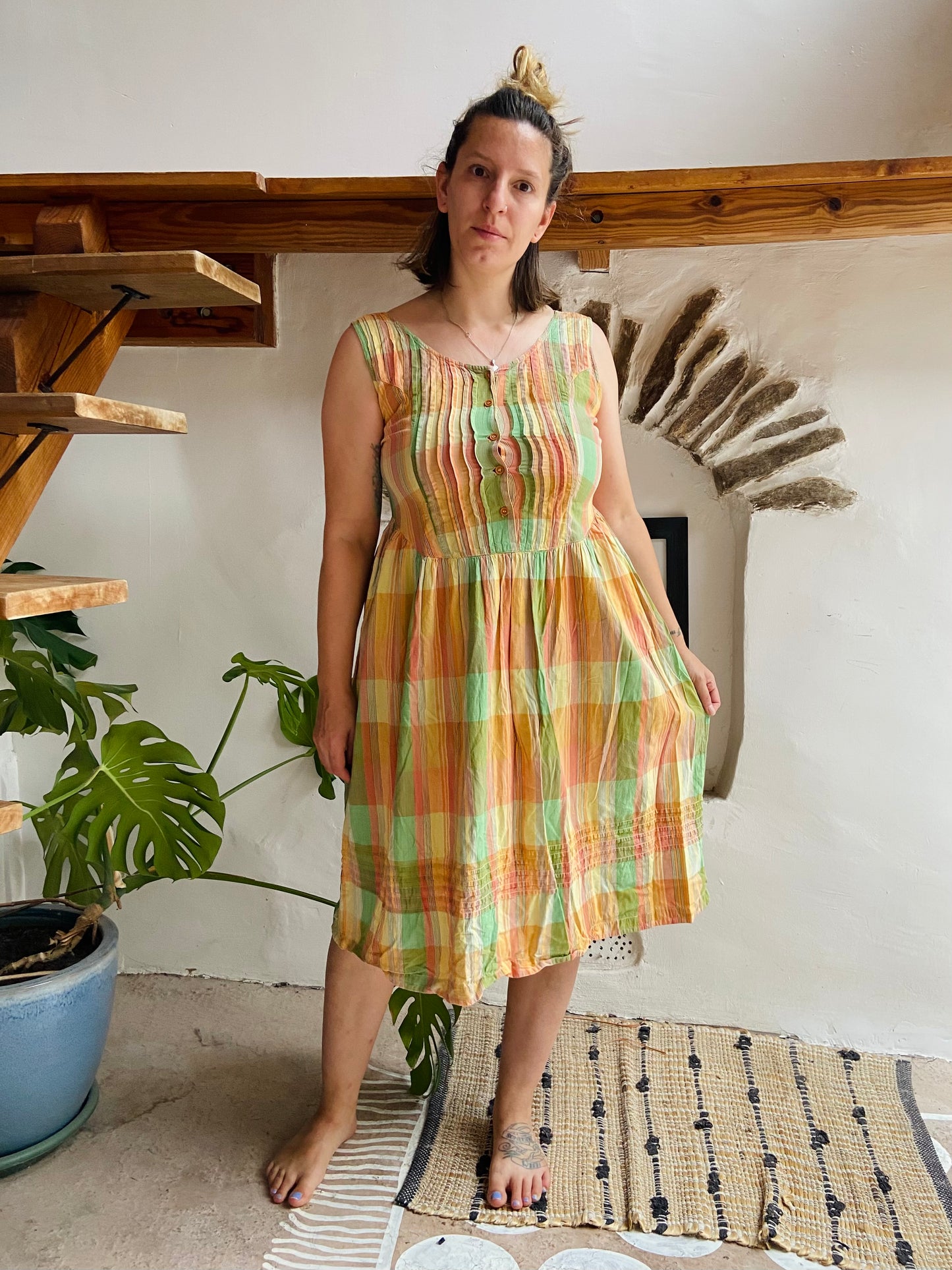 VINTAGE 90's Pastel Checked Midi Dress - M/L