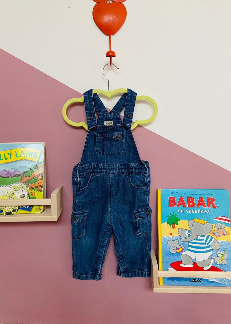 VINTAGE Denim Cargo Blue Long Length Dungarees - 12 Months